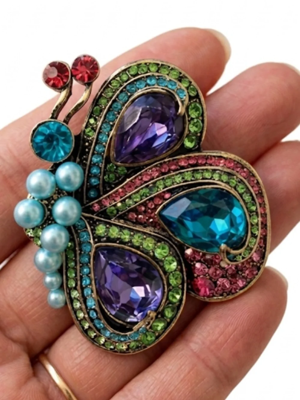 Colorful Crystal Butterfly Brooch Pin Vintage Rhinestone Faux Pearl Statement